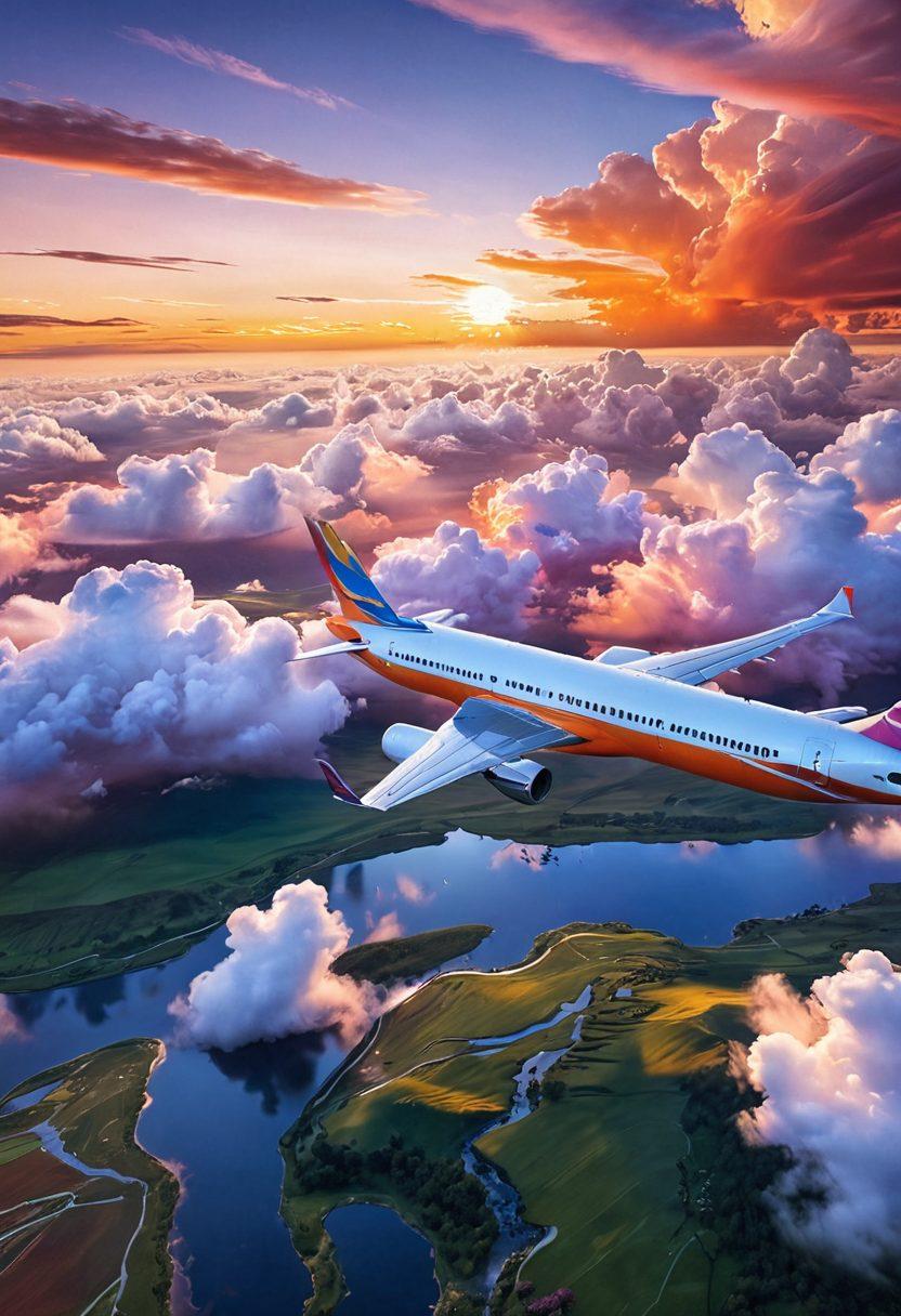 A soaring airplane cutting through fluffy white clouds, with a vibrant sunset casting orange and pink hues across the sky. Below, a serene landscape of sprawling fields and rivers, symbolizing freedom and adventure. Include a faint map overlay in the sky highlighting major travel destinations. Emphasize the sense of elevation and openness, capturing the essence of air travel excitement. super-realistic. vibrant colors. 3D.