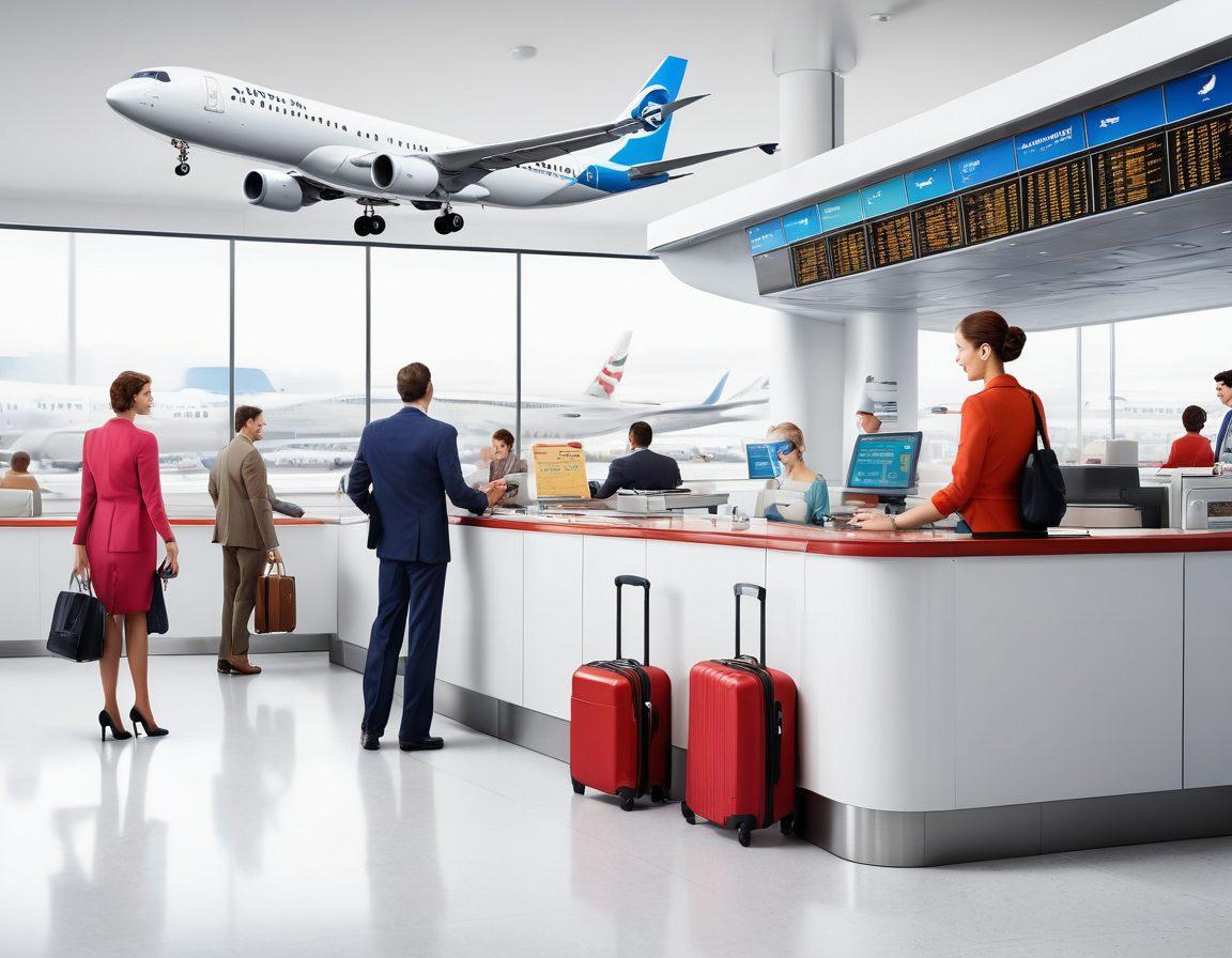 An imaginative depiction of the airline industry journey: a vibrant airport scene with passengers checking in at a busy counter, a flight board displaying various destinations, and a plane taking off in the background. Include visual elements like luggage, boarding passes, and smiling travelers. This image should convey excitement and anticipation, capturing the essence of air travel. super-realistic. vibrant colors. white background.