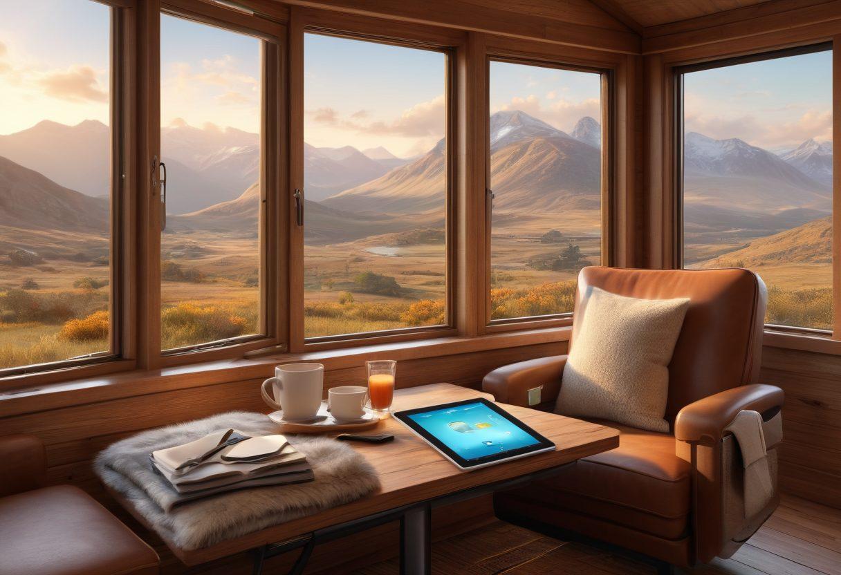 A tranquil scene of a cozy travel cabin with plush seating, a warm beverage in hand, and travel essentials neatly arranged, overlooking a beautiful landscape through large windows. Include subtle hints of technology, like a tablet showing travel itineraries. Soft lighting and calming colors enhance the comfortable atmosphere. super-realistic. vibrant colors. 3D.